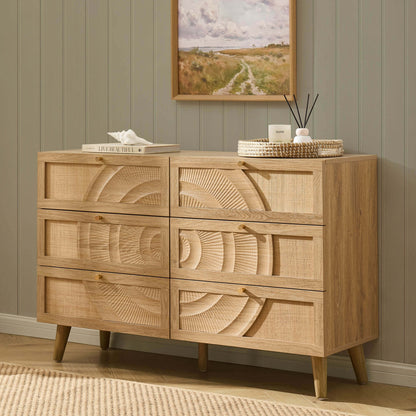 DUS-CC2-05936 Grade-B Dusk Raven Light Wood & Rattan 6 Drawer Chest RRP £259.00