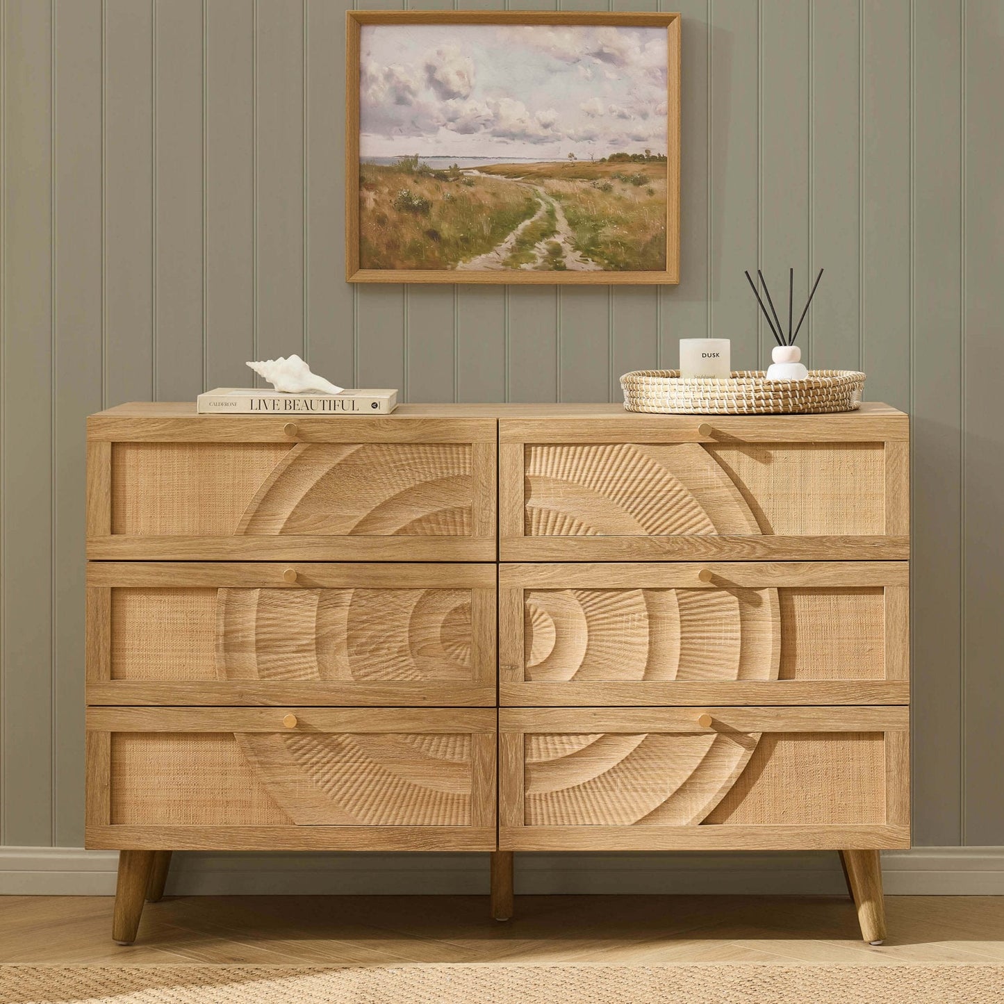 DUS-CC2-05936 Grade-B Dusk Raven Light Wood & Rattan 6 Drawer Chest RRP £259.00