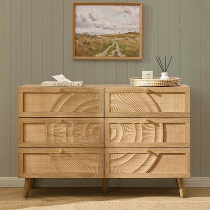 DUS-CC2-05936 Grade-B Dusk Raven Light Wood & Rattan 6 Drawer Chest RRP £259.00
