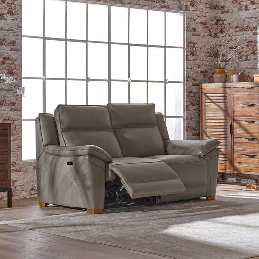  Oak Furnitureland Grade B Dune Grey Leather 2 Seater Electric Recliner Sofa RRP £2150
