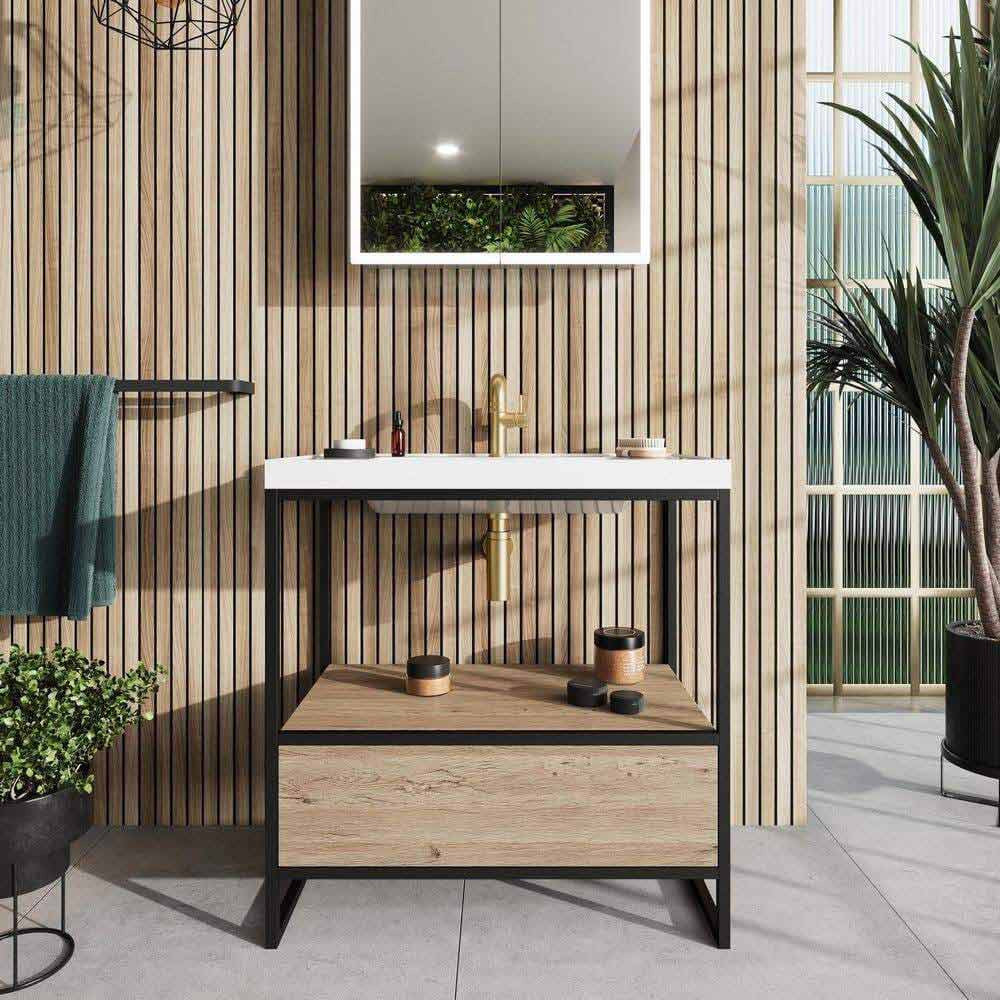 Scudo Grade A Boho 600mm Basin with Oak Drawer & Floorstanding Black Frame RRP £825