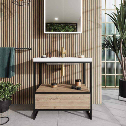Scudo Grade A Boho 600mm Basin with Oak Drawer & Floorstanding Black Frame RRP £825