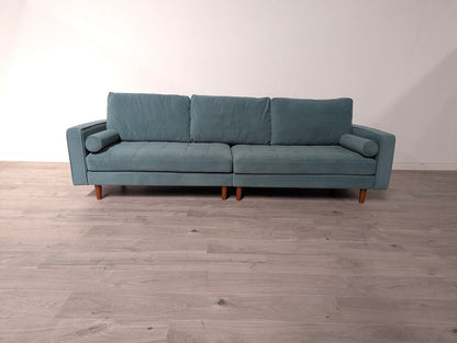 Contemporary Grade B Sky Blue Velvet & Brown Wood Legs 4 Seater Sofa RRP £1000