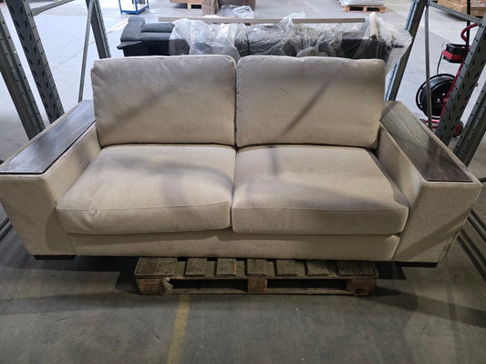 CCG-STO-00528 Grade-C2 White 3 Seater Sofa with Walnut Wooden Arm Rest RRP £700.00