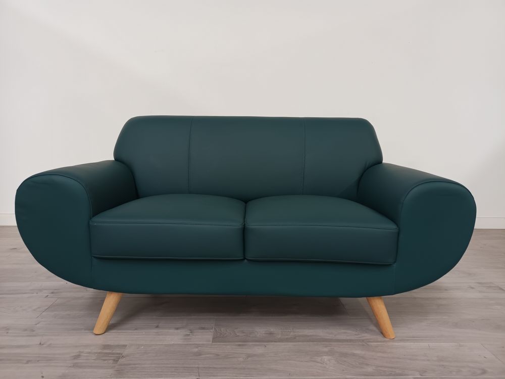 Febonic Living Grade B Jessy Teal Faux Leather & Light Wood 2 Seater Sofa RRP £600