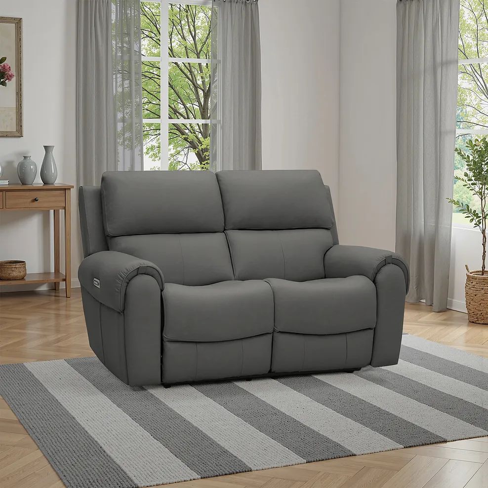  Oak Furnitureland Grade B Ezra Grey Leather 2 Seater Electric Recliner Sofa RRP £1900