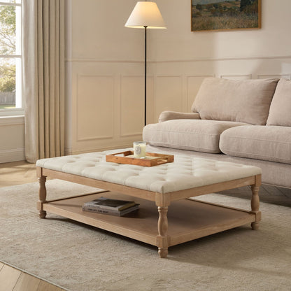 DUS-CC2-06745 Grade-B Dusk Knaresborough Button Back Coffee Table Pouffe - Cream Linen RRP £179.00
