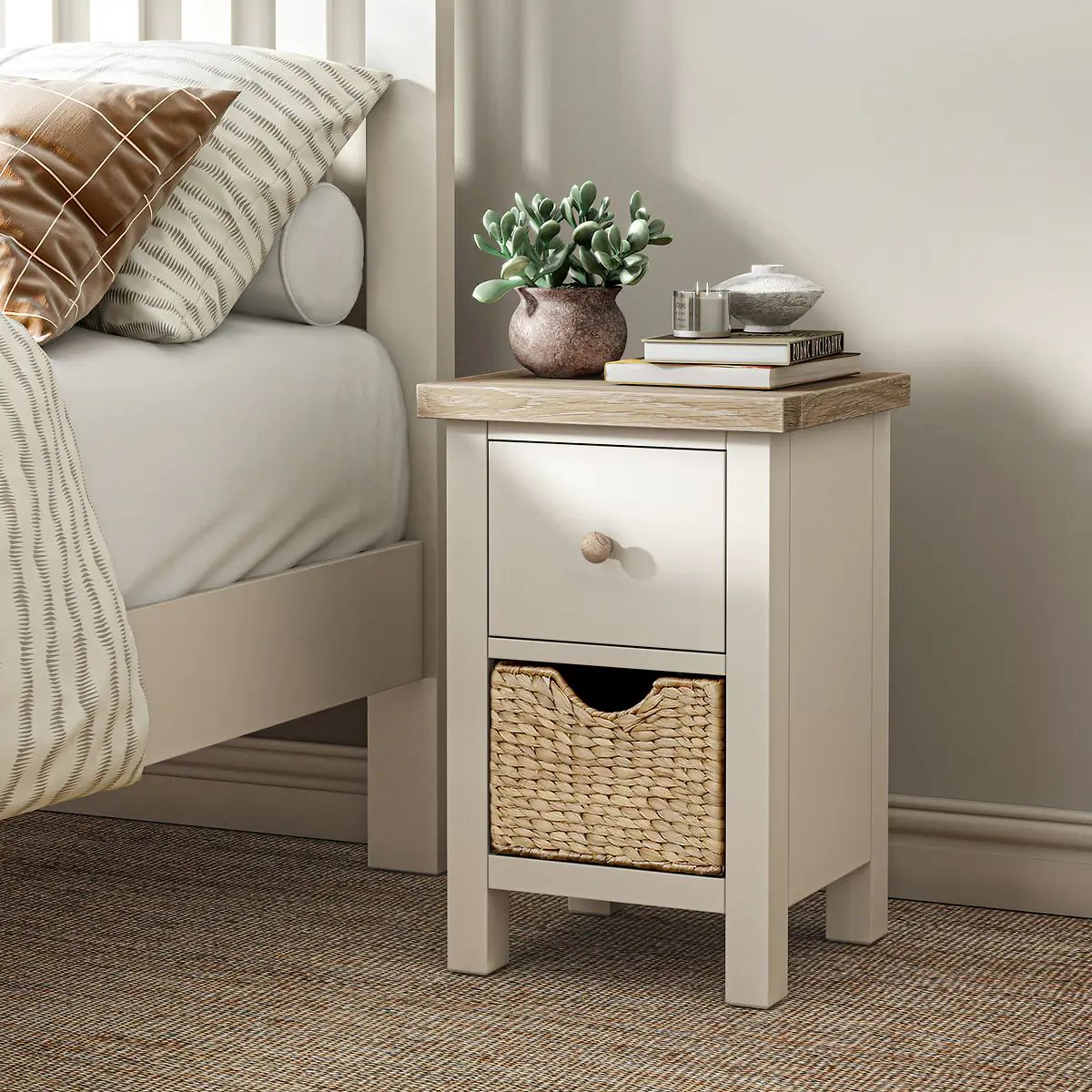 ROS-OUT-00906 Grade-B Roseland Furniture Farro Coconut White & Oak Basket Slim Bedside Table RRP £90.00